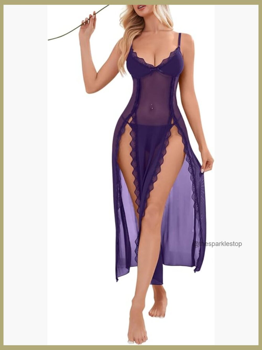 Sexy Side Split Long Lace Sheer Lingerie Dress Night Gown with Thong